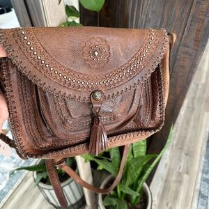 Patricia Nash Brown Crossbody Bag with Embossed Design and Leather Tassel